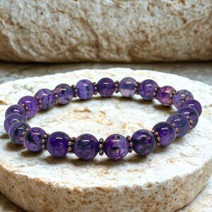 Purple Agate Gemstone Beaded Bracelet - 8mm Stretch Crystal Jewelry